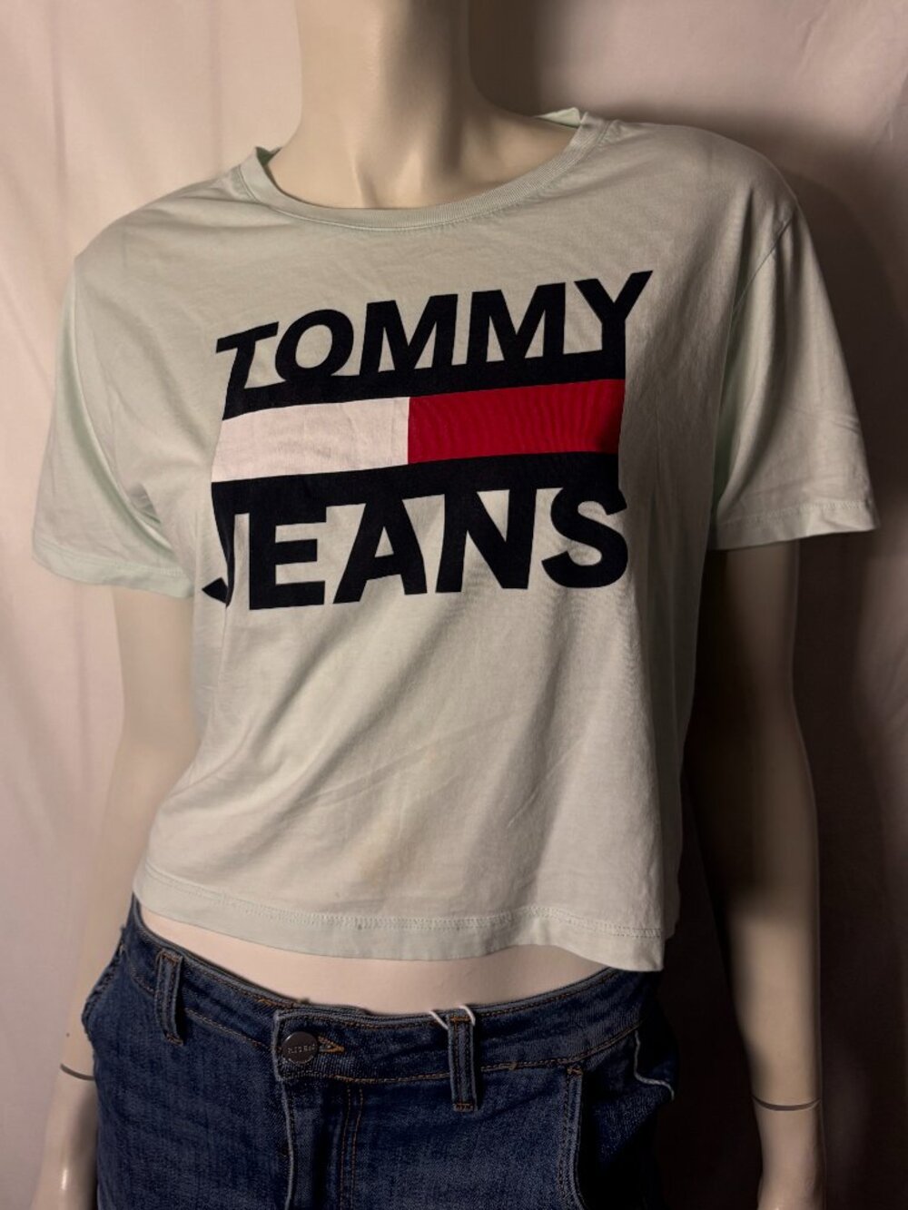Tommy Jeans Mint Green Flag Logo Cropped Graphic T-Shirt Size Small